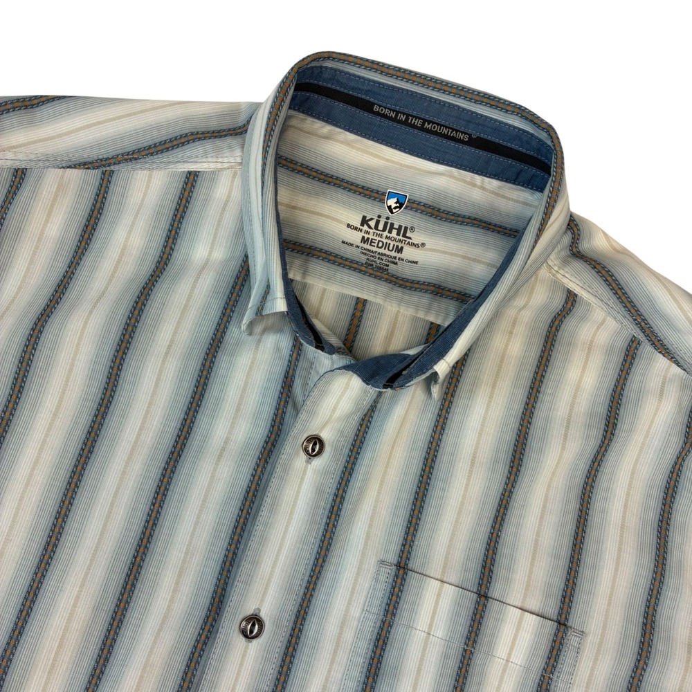 Kuhl Renegade Button Down Shirt Mens Medium Blue Stripe Short Sleeve Hiking Fish